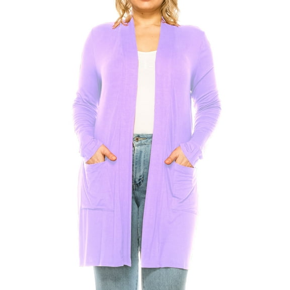 Women's Casual Plus Size Long Sleeve Loose Fit Solid Open Cardigan with Side Pockets