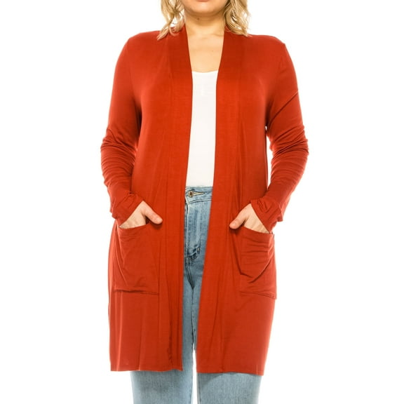 Women's Casual Plus Size Long Sleeve Loose Fit Solid Open Cardigan with Side Pockets