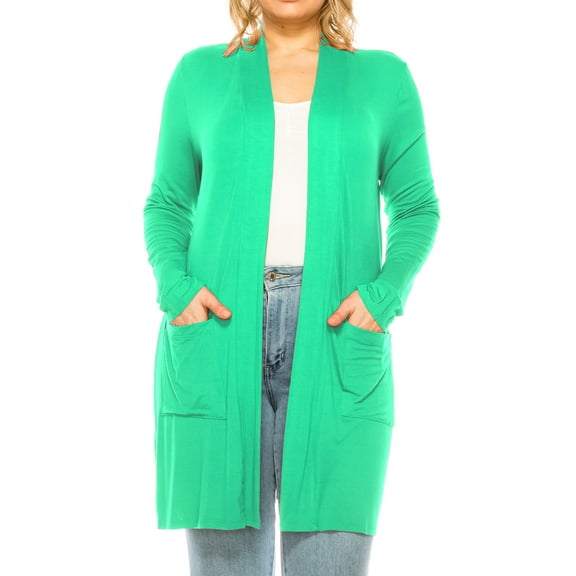 Women's Casual Plus Size Long Sleeve Loose Fit Solid Open Cardigan with Side Pockets