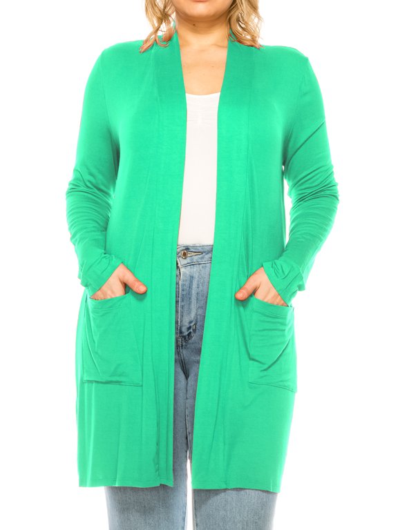 Women's Casual Plus Size Long Sleeve Loose Fit Solid Open Cardigan with Side Pockets