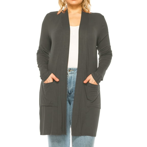 Women's Casual Plus Size Long Sleeve Loose Fit Solid Open Cardigan with Side Pockets