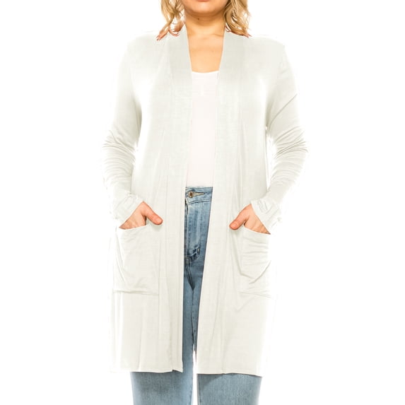 Women's Casual Plus Size Long Sleeve Loose Fit Solid Open Cardigan with Side Pockets