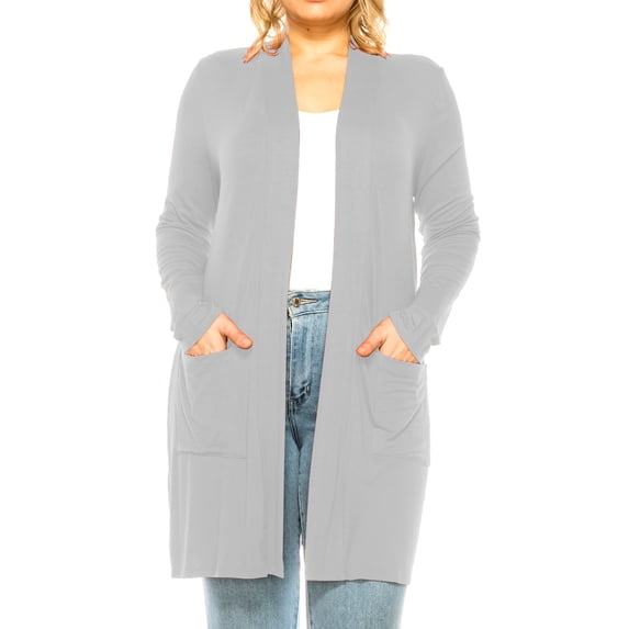 Women's Casual Plus Size Long Sleeve Loose Fit Solid Open Cardigan with Side Pockets