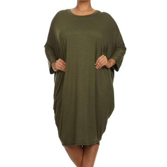 Women's Casual Plus Size Loose Fit Long Sleeve Dolman Style Midi Dress