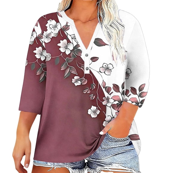 Cmfcve Womens Tops Summer V Neck 3/4 Sleeve Floral Print Blouse Casual Loose Fit t Shirts with Buttons Front