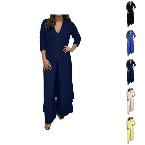 Women's Casual Plus Size V Neck Long Sleeved Chiffon Shirt Beach Suit Slit Long Top + Trousers Suit Blouse Bottom Capris Women