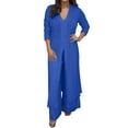thumbnail image 1 of Women's Casual Plus Womens Suit Wide Leg Size V Neck Long Sleeved Chiffon Shirt Beach Suit Slit Long Top + Trousers Suit Blouse Bottom Snow Pants Overalls Womens Dressy Pant Suits for A Wedding plus, 1 of 8
