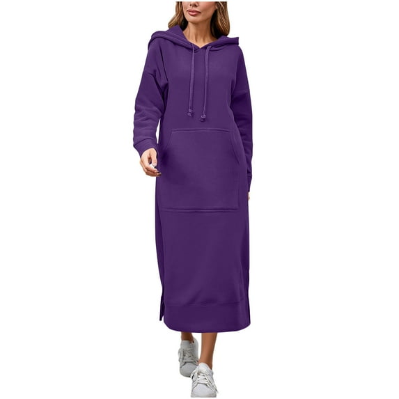 Women's Casual Plush Pullover Oversized Sweatshirt Dresses Long Sleeve Drawstring Hoodie Maxi Dress with Pocket