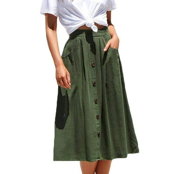 Women's Casual Pocket A-Line Mid-Length Skirt - High Waisted Loose Fit Skirt with Side Pockets for Work, School, and Everyday Comfort,Army Green L