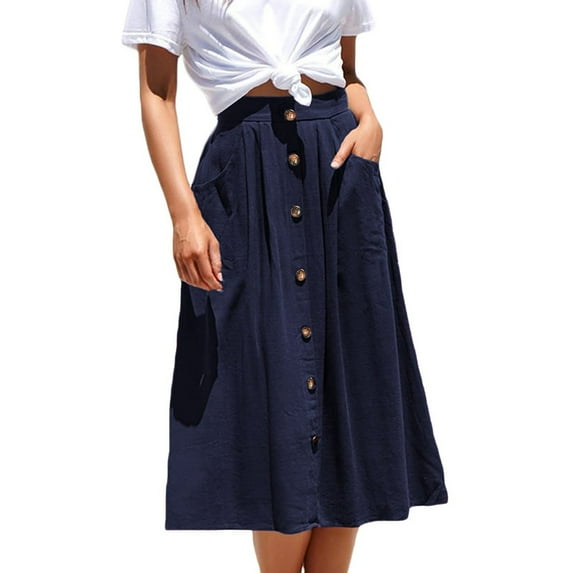 Women's Casual Pocket A-Line Mid-Length Skirt - High Waisted Loose Fit Skirt with Side Pockets for Work, School, and Everyday Comfort,Dark Blue L