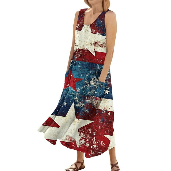 Women's Casual Pocket Dress Sleeveless Round Neck Sundress with Patriotic Print, Lightweight Fabric for Summer Outings,Deep Red S
