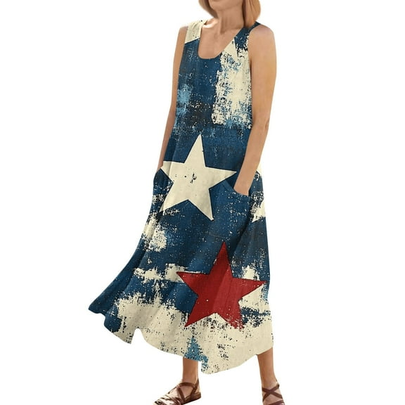 Women's Casual Pocket Dress Sleeveless Round Neck Sundress with Patriotic Print, Lightweight Fabric for Summer Outings,Navy XL