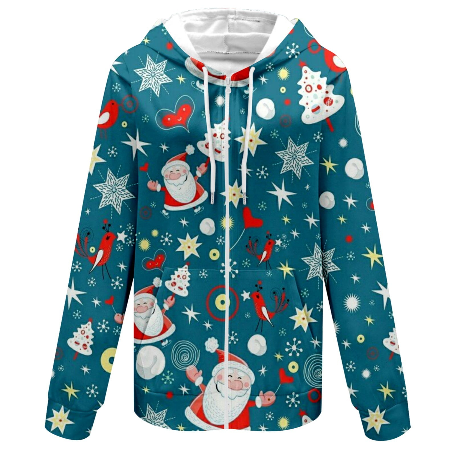 Women's Casual Pocket Long Sleeve Christmas Print Drawstring Hooded