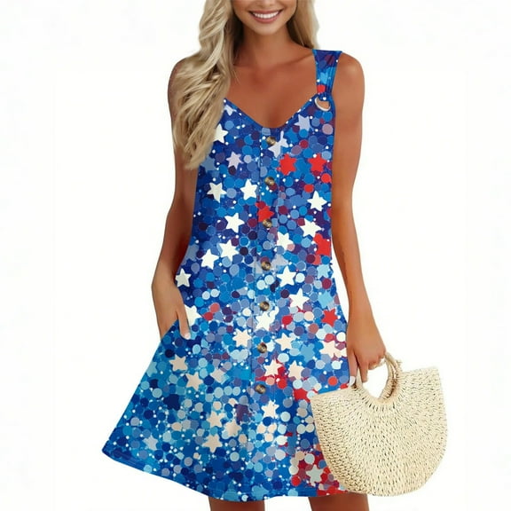 Women's Casual Pocket Sundress, Sleeveless Summer Dress with Patriotic Print, Lightweight Fabric for Outdoor Events and Travel,Blue S