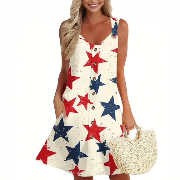 Women's Casual Pocket Sundress, Sleeveless Summer Dress with Patriotic Print, Lightweight Fabric for Outdoor Events and Travel,Deep Red M