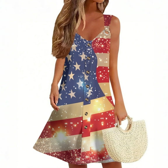 Women's Casual Pocket Sundress, Sleeveless Summer Dress with Patriotic Print, Lightweight Fabric for Outdoor Events and Travel,Red L