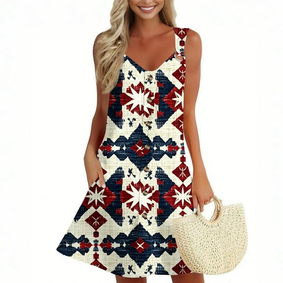 Women's Casual Pocket Sundress, Sleeveless Summer Dress with Patriotic Print, Lightweight Fabric for Outdoor Events and Travel,Royal Blue S