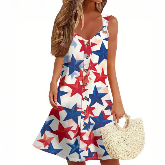 Women's Casual Pocket Sundress, Sleeveless Summer Dress with Patriotic Print, Lightweight Fabric for Outdoor Events and Travel,Sky Blue XL