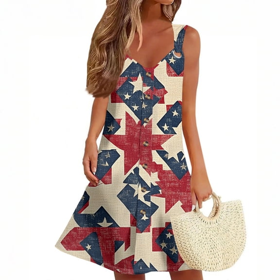 Women's Casual Pocket Sundress, Sleeveless Summer Dress with Patriotic Print, Lightweight Fabric for Outdoor Events and Travel,Wine S
