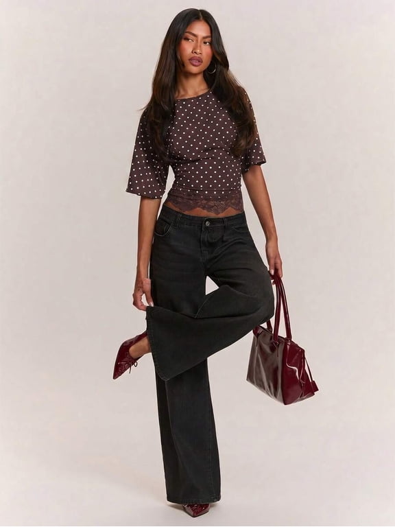 Women's Casual Polka Dot Print Short Sleeve Top Lace Detail T-Shirt Minimalist Style