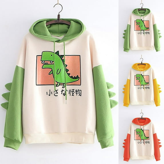 Women's Casual Print Long Sleeve Splice Dinosaur Sweatshirt Tops, Fun and Unique Fall Winter Fashion Hoodie with Loose Fit for Everyday Comfort and Outdoor Adventures,Green,L