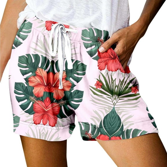 Women's Casual Print Pocket Loose Lace Up High Waisted Sports Shorts