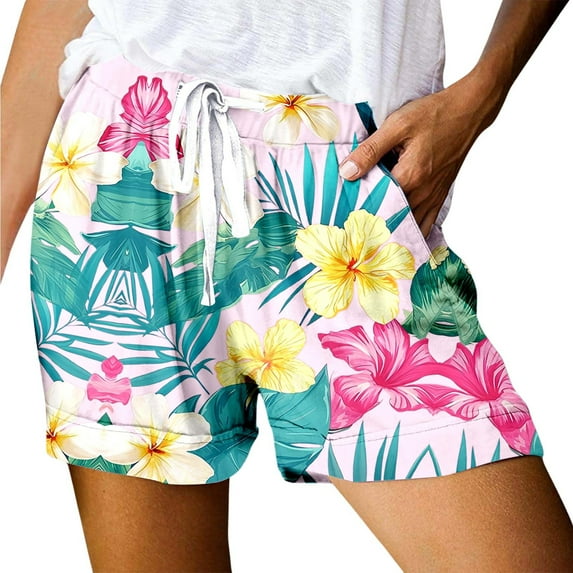 Women's Casual Print Pocket Loose Lace Up High Waisted Sports Shorts