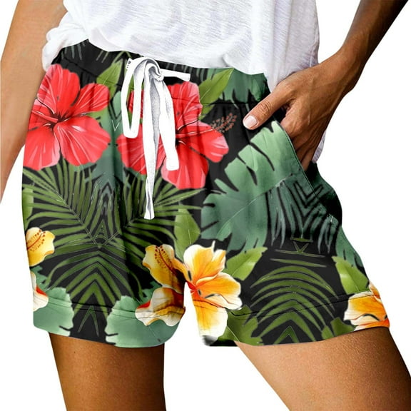 Women's Casual Print Pocket Loose Lace Up High Waisted Sports Shorts