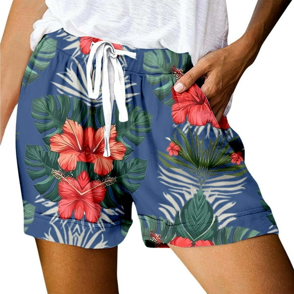 Women's Casual Print Pocket Loose Lace Up High Waisted Sports Shorts