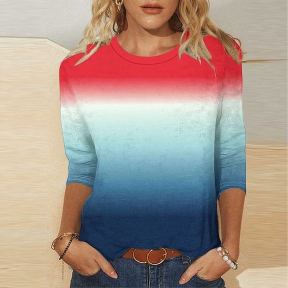 Women's Casual Print Round Neck 3/4 Sleeve T-Shirt - Stylish Gradient Print Summer Blouse