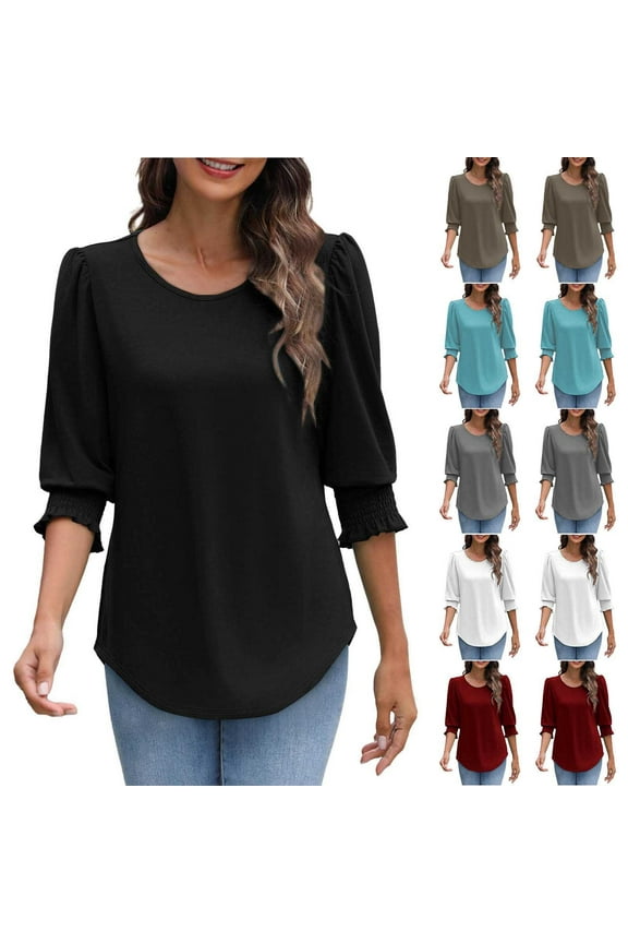 Women's Casual Printed 3/4 Length Sleeve Smocked Cuffs Blouse Shirt Top, Loose Fit Floral Pattern Tunic, Boho Vacation Beachwear Summer Fashion | CSEONE,Black XL