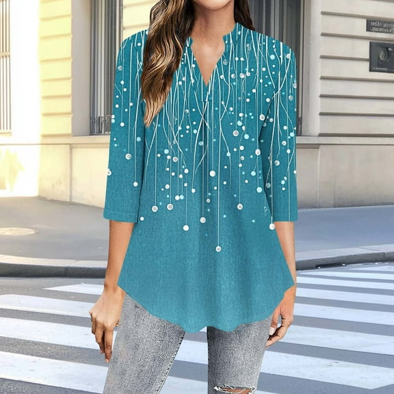 Women's Casual Printed 3/4 Sleeve V-Neck Blouse, Loose Fit Comfortable Top, Stylish Business Shirt for Work or Daily Wear, Limited Time Off
