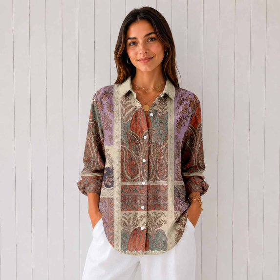 Women’s Casual Printed Button Down Long Sleeve Blouse Shirt