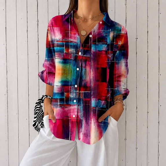 Women’s Casual Printed Button Down Long Sleeve Blouse Shirt