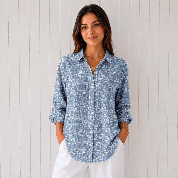 Women's Casual Printed Button Down Long Sleeve Shirt Blouse