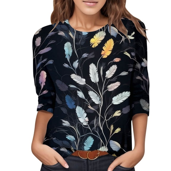 Women's Casual Printed Crew Neck Three Quarter Sleeve T-Shirt Blouse Fashion Top Comfortable Stylish Tee