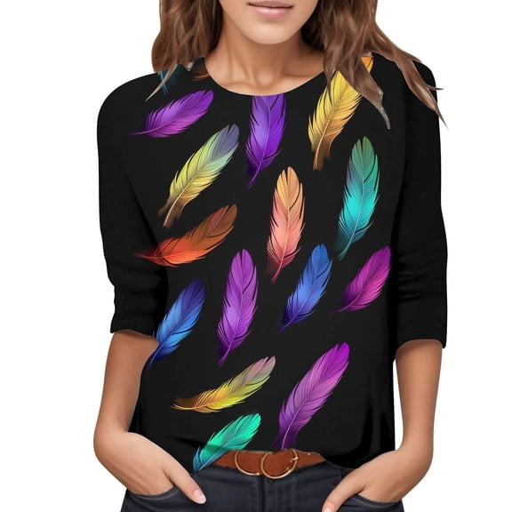 Women's Casual Printed Crew Neck Three Quarter Sleeve T-Shirt Blouse Fashion Top Comfortable Stylish Tee