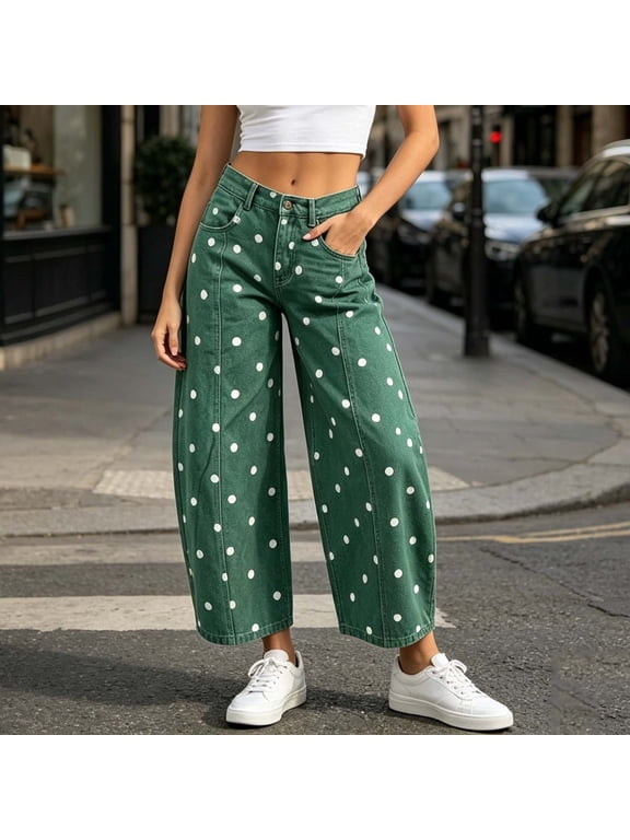 Women’s Casual Printed High Waist Wide Leg Denim Pants, Functional Side Pockets Loose Relax Fit Jean Trousers Walking Daily Bottoms Green S