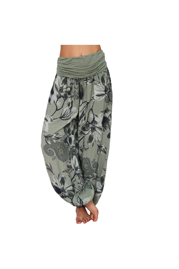 Women's Casual Printed Pants Loose Fit Wide Leg Harem Trousers Graphic Long Bottoms Streetwear Army Green L
