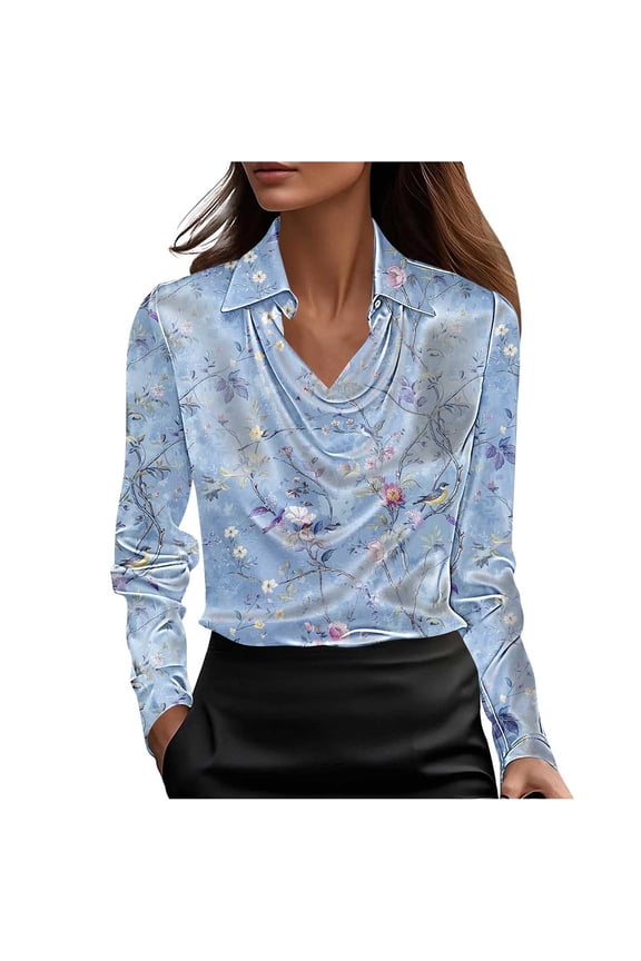 Women's Casual Printed Pullover Top Floral Boho Drop Neck Long Sleeve Blouse Button Front Relaxed Fit Tunic Spring Fall Everyday Layering Piece