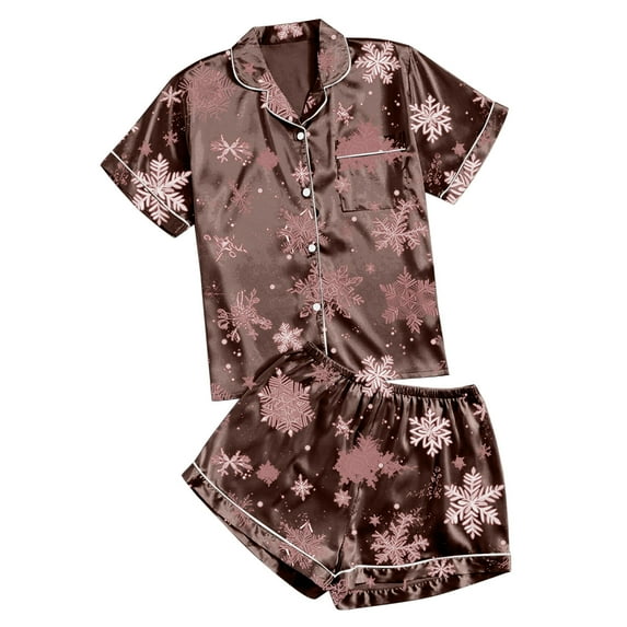 Women's Casual Printed Pyjama Set Short Sleeve Button Down Top with Comfortable Shorts for Sleepwear and Home Wear