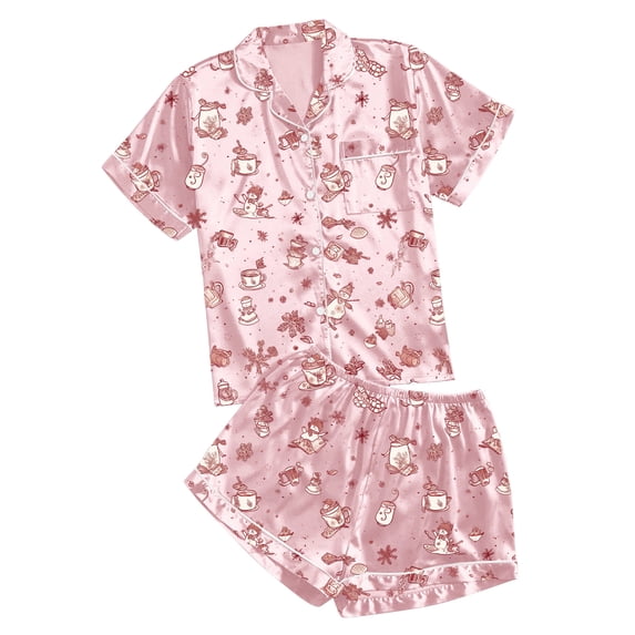 Women's Casual Printed Pyjama Set Short Sleeve Button Down Top with Comfortable Shorts for Sleepwear and Home Wear