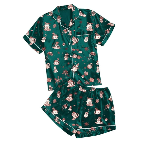 Women's Casual Printed Pyjama Set Short Sleeve Button Down Top with Comfortable Shorts for Sleepwear and Home Wear