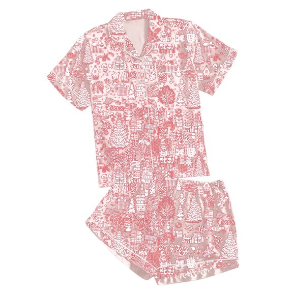 Women's Casual Printed Pyjama Set Silk Satin Short Sleeve Button Down Top And Shorts Set