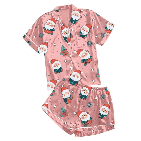Women's Casual Printed Pyjama Set Silk Satin Short Sleeve Button Down Top With Shorts