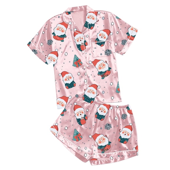 Women's Casual Printed Pyjama Set Silk Satin Short Sleeve Button Down Top With Shorts