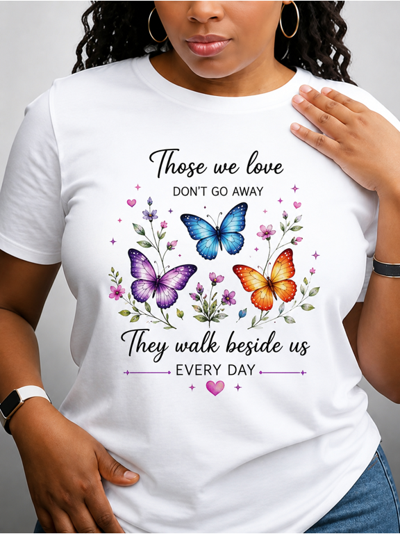 Women's Casual Printed Round-neck T-shirt, Featuring Colorful Butterfly Patterns and Motivational Slogans, with a Colorful Butterfly Letter Print Design, Breathable Fabric in Regular Length