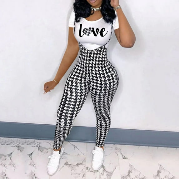 Women's Casual Printed Sets Short Sleeve Top And Long Overall Jumpsuit Sets Suit for Petite Women Luge Suit Sweater Pants Set Suits for Women Womens Wedding Pantsuits Fall Business Casual Outfits for