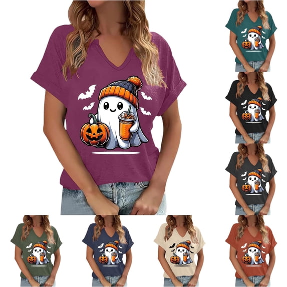 Women's Casual Printed Short Sleeve V-Neck T-Shirt Lightweight Relaxed Fit Top for Everyday Wear