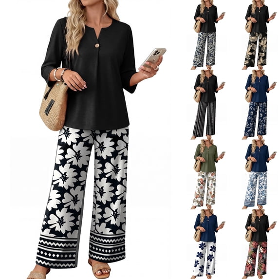 Women’s Casual Printed Three Quarter Sleeve Button Top Wide Leg Pants Two Piece Set Relaxed Fit Floral Pattern Outfit